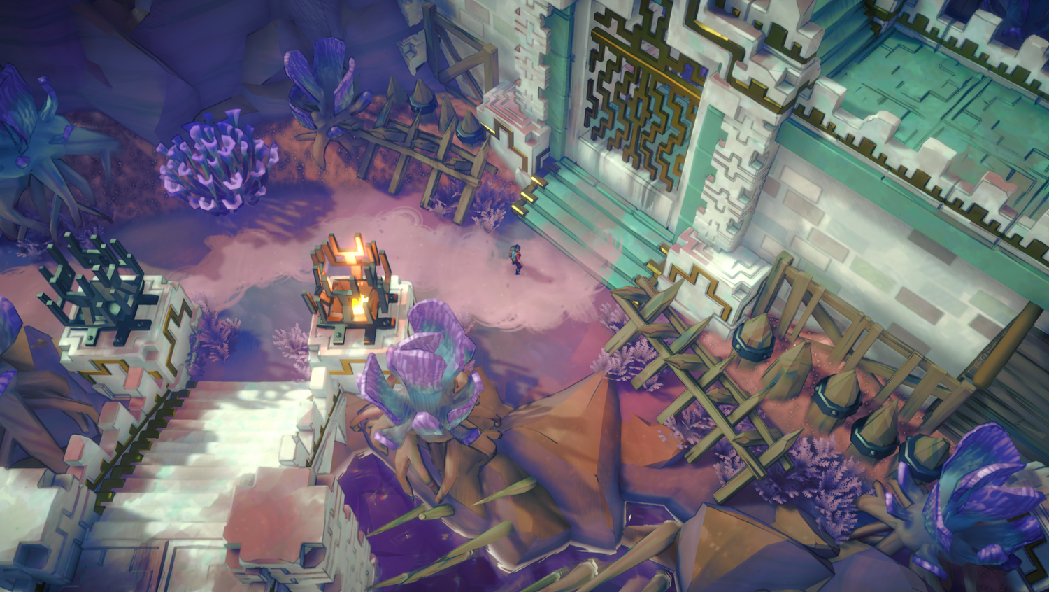 A glowing structure sits before an ornate doorway in a purple-lit Uncanyon ruin.