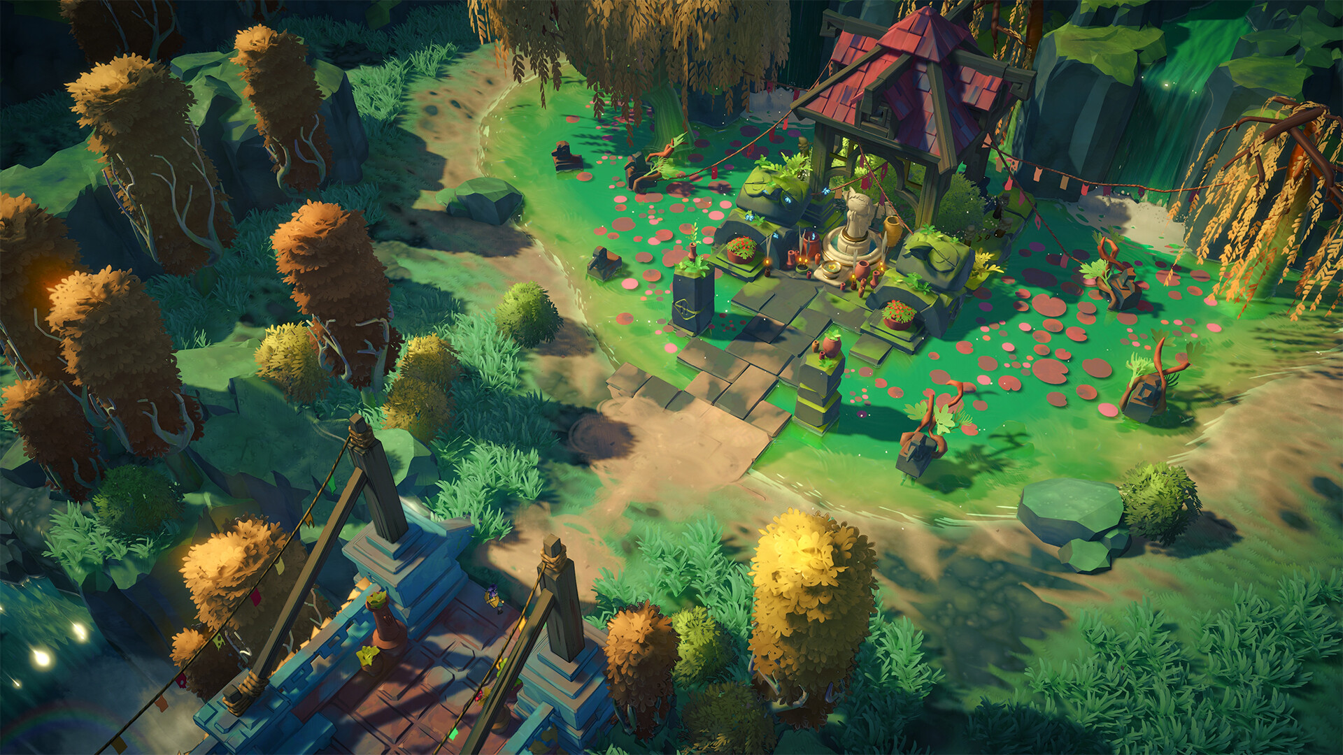 Stone paths and decorated structures surrounded by Uncanyon’s green and golden vegetation.