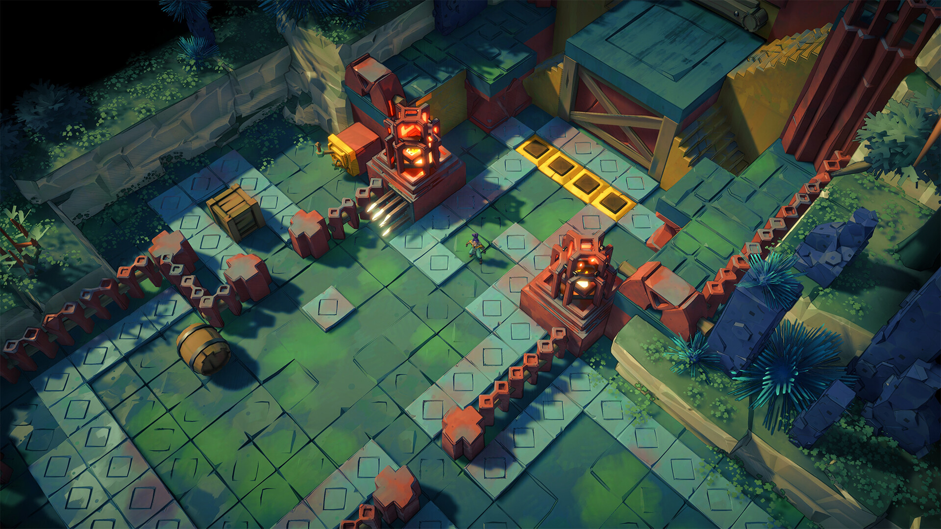 Sonia in a stone puzzle area with glowing mechanisms and patterned floor tiles.